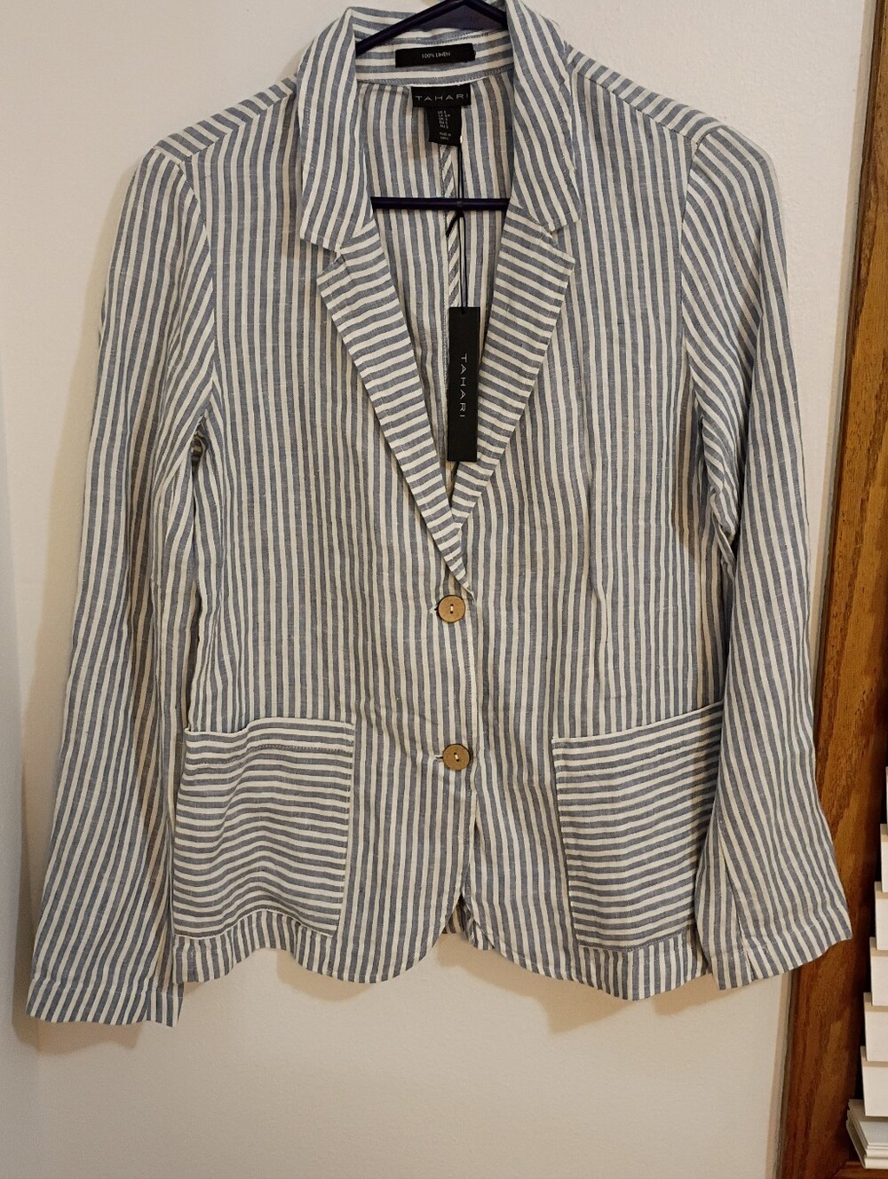 NWT Tahari Women's Blue & White Striped Linen Blazer